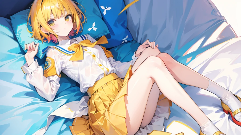 Colorful and colorful short hair,Wearing a yellow apricot colored JK uniform and a white pleated skirt,knee-length white silk,Dignified and cute,A little sweet,Five Fingers