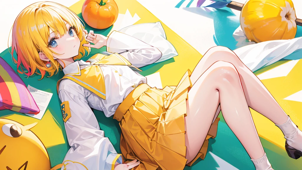 Colorful and colorful short hair，Wearing a yellow apricot colored JK uniform and a white pleated skirt，knee-length white silk，Dignified and cute，A little sweet,Five Fingers