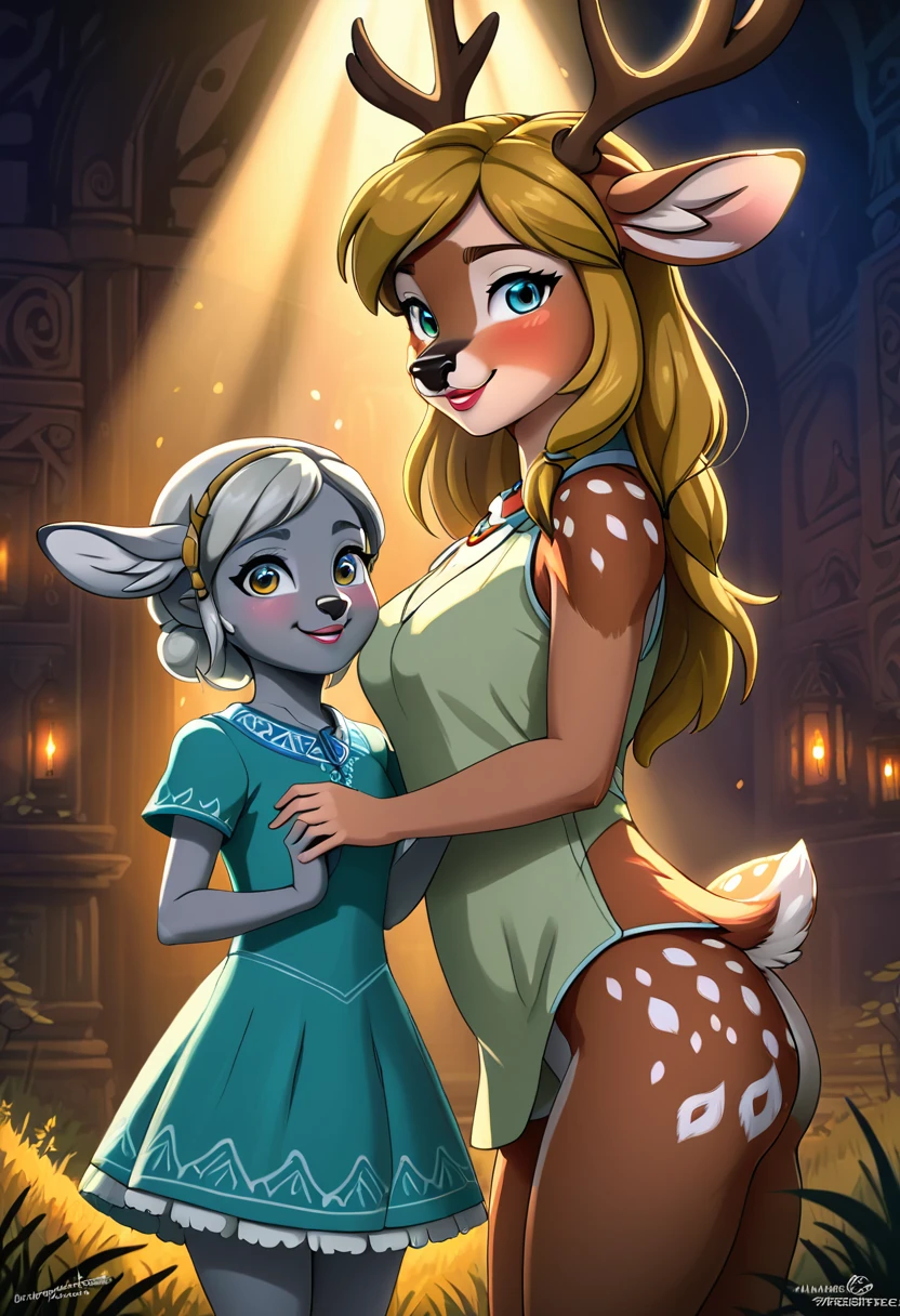 Create an illustrated, hand-drawn, full-color image of an anthropomorphic deer girl. The artwork should be rendered in the style of "Breath of the Wild," featuring warm lighting and shadows. Include graphite shading, stencil marks, and airbrushed acrylic paint effects. The image should be of the highest quality, a masterpiece with intricate details. The deer girl should have a female, humanoid, furry appearance with grey skin. She should have luscious lips, a wide smile, and bright, expressive eyes, exuding beauty, cuteness, and adorableness. Ensure the image is high resolution and sharply detailed, with a detailed and vibrant background. Incorporate mystical lighting in the background, creating a romantic and enchanting atmosphere.