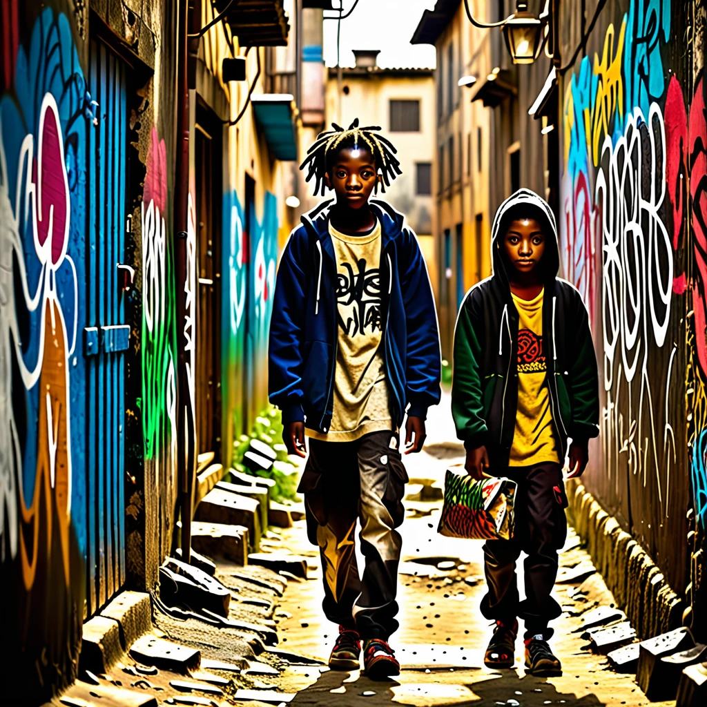 scenario: A dark, dirty alley with walls scrawled with graffiti and graffiti. Uma Dappled Light de um poste ilumina o centro do beco. figuras: children (12-15 years): Represent children of diverse ethnicities, with expressions of anguish and despair, holding objects related to drug trafficking or weapons WITH BLURRED FACES Muleke (15-18 years old): Represent a young man with a cold and distant look, of different ethnicity than the children, selling drugs to them. "Jah's Floral": Paint one "Jah's Floral" faded and scrawled on one of the alley walls. colors: Use dark tones like gray, blackw, dark blue, with red details (bloodstains, danger) and yellow (Dappled Light). atmosphere: The image should have a heavy atmosphere, full of despair, violence and hopelessness, but with a trace of hope symbolized by the "Jah's Floral". detaileds: The image must highlight the vulnerability of youth and the cultural diversity present in communities. The presence of "Jah's Floral" must show the fragility of faith in the midst of urban violence. Children's expressions must be impactful, conveying the cruel reality of the streets and the lack of opportunities.