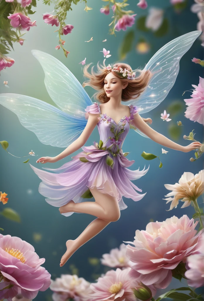  Fairy beautifully flying over beautiful flowers,((high quality))delicate details