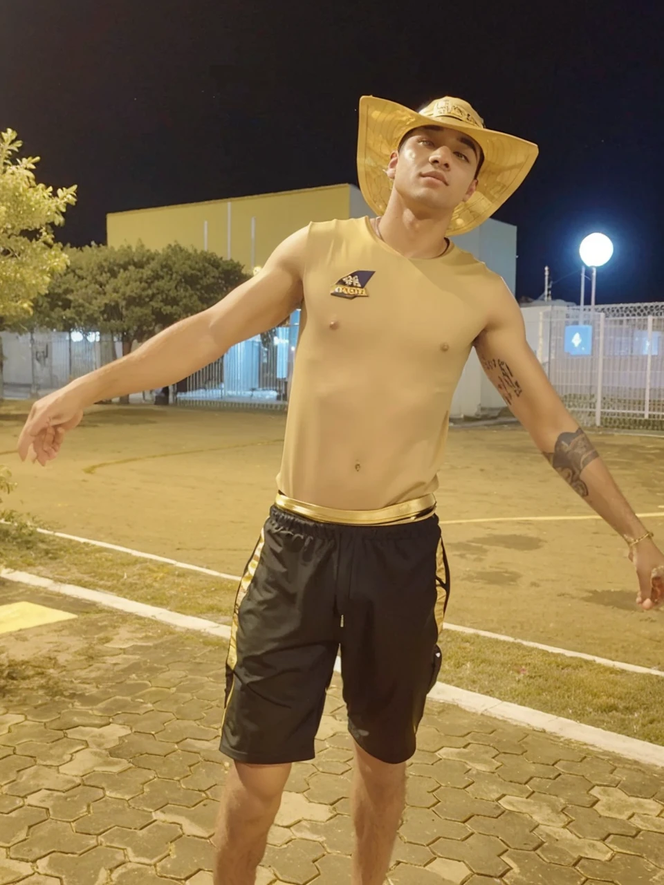 Astronaut in black and gold clothes coming out of a place all black and gold too, only black and gold