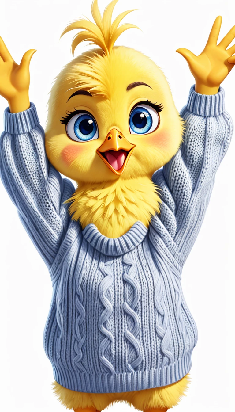 cute yellow chick, cartoon,arms, hands ,cute eyes, looking at viewer, arms up, white background, blue eyes, sweater