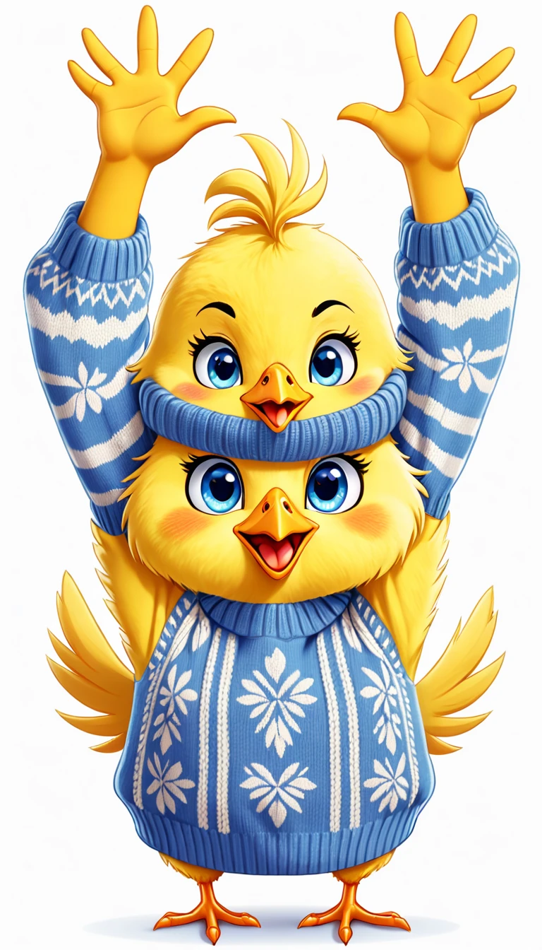 cute yellow chick, cartoon,arms, hands ,cute eyes, looking at viewer, arms up, white background, blue eyes, sweater