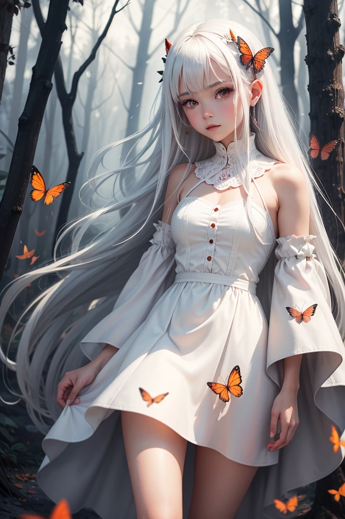 Adult girl with white hair, with red eyes. In a long white dress. Standing in the winter forest, surrounded by red butterflies.