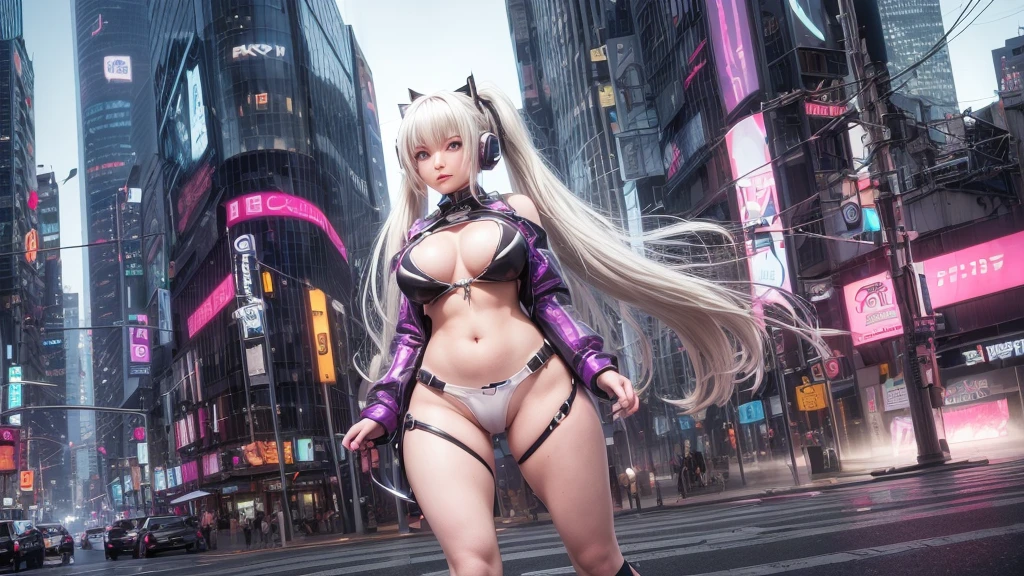 (CRU photo, best qualityer, work of art:1.2), (realisitic, photo-realisitic:1.4),(work of art:1.4),(best qualityer:1.4), ((cyberpunk sexy girl)) standing alone, :d, (earbuds), bangss, blush, ((colorful body harness)), breasts big, ((dynamic pose)), cowboy shot, (((cyberpunk city streets background))), hair intake, earbuds, long hair, gazing at viewer, side locks, ssmile, (((tight slit))), thicc thighs, twintails, very long hair, White hair,Alice \(to wave\),(shining skin),realisitic. sexy glute, nice butt