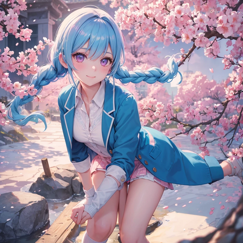 Sky blue hair, (Braided Ponytail),(Pink Eyes),Fair skin ,whole body,(1 Girl),Smile,spring, cherry blossoms, Knee-high socks for school, blazer, Straight bangs,(masterpiece, Highest quality, Super detailed, Best Shadow), (Detailed Background), (Beautifully detailed face), High Contrast, (Best lighting, Very delicate and beautiful), ((Cinematic Light)), colorful, Hyper Detail, Dramatic Light, Intricate details,sunshine,Leaning forward,