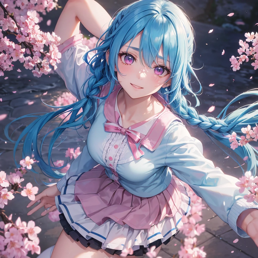 Sky blue hair, (Braided Ponytail),(Pink Eyes),Fair skin ,whole body,(1 Girl),Smile,spring, cherry blossoms, Knee-high socks for school, blazer, Straight bangs,(masterpiece, Highest quality, Super detailed, Best Shadow), (Detailed Background), (Beautifully detailed face), High Contrast, (Best lighting, Very delicate and beautiful), ((Cinematic Light)), colorful, Hyper Detail, Dramatic Light, Intricate details,sunshine,Leaning forward,