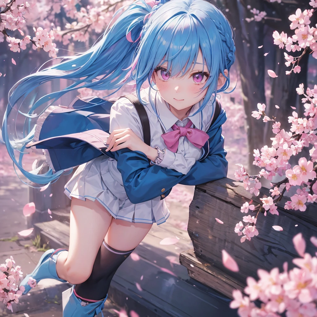 Sky blue hair, (Braided Ponytail),(Pink Eyes),Fair skin ,whole body,(1 Girl),Smile,spring, cherry blossoms, Knee-high socks for school, blazer, Straight bangs,(masterpiece, Highest quality, Super detailed, Best Shadow), (Detailed Background), (Beautifully detailed face), High Contrast, (Best lighting, Very delicate and beautiful), ((Cinematic Light)), colorful, Hyper Detail, Dramatic Light, Intricate details,sunshine,Leaning forward,