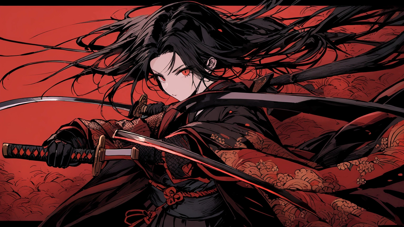 Japanese Samurai Girl, Has a beatiful sword. Wallpaper is black. Very good and handing her sword. Mostly Red and Black color theme.
