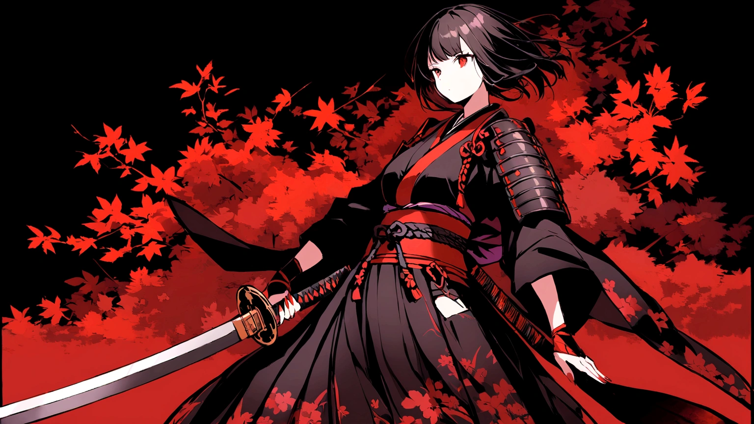 Japanese Samurai Girl, Has a beatiful sword. Wallpaper is black. Very good and handing her sword. Mostly Red and Black color theme.