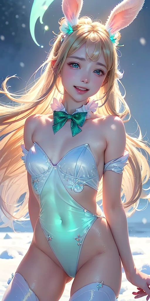 masterpiece, best quality, extremely detailed CG unity 8k wallpaper,((Upper Body)) ,((Upper Body head close-up shot of a beautiful loli girl)), , Elegant Long straight blonde hair, (Mckenna Grace), ((flat chest,thighs,Autoluminescence skin)),Transparent (purple-green) golden (Glittering tutu,long Bunny Ear Headgear, , Bow-tie, No panties, genitals visible), ((spread legs)),(), (Blush), , (seductive smile), (A world of ice and snow), pretty face, key art, award winning, intricate detail realism hdr, by (ruan jia and artgerm and range murata), Photorealism, Hyperrealism, ultra realistic, dramatic light, intense shadows, gorgeous view, depth of field