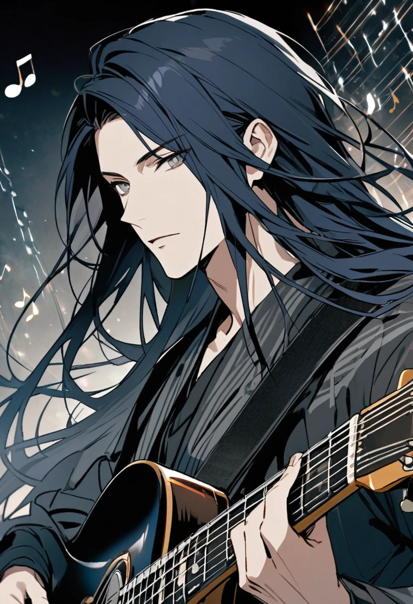 male, handsome, parted bang, long hair, dark blue hair, musician, gray eyes, music notes, main face, front face