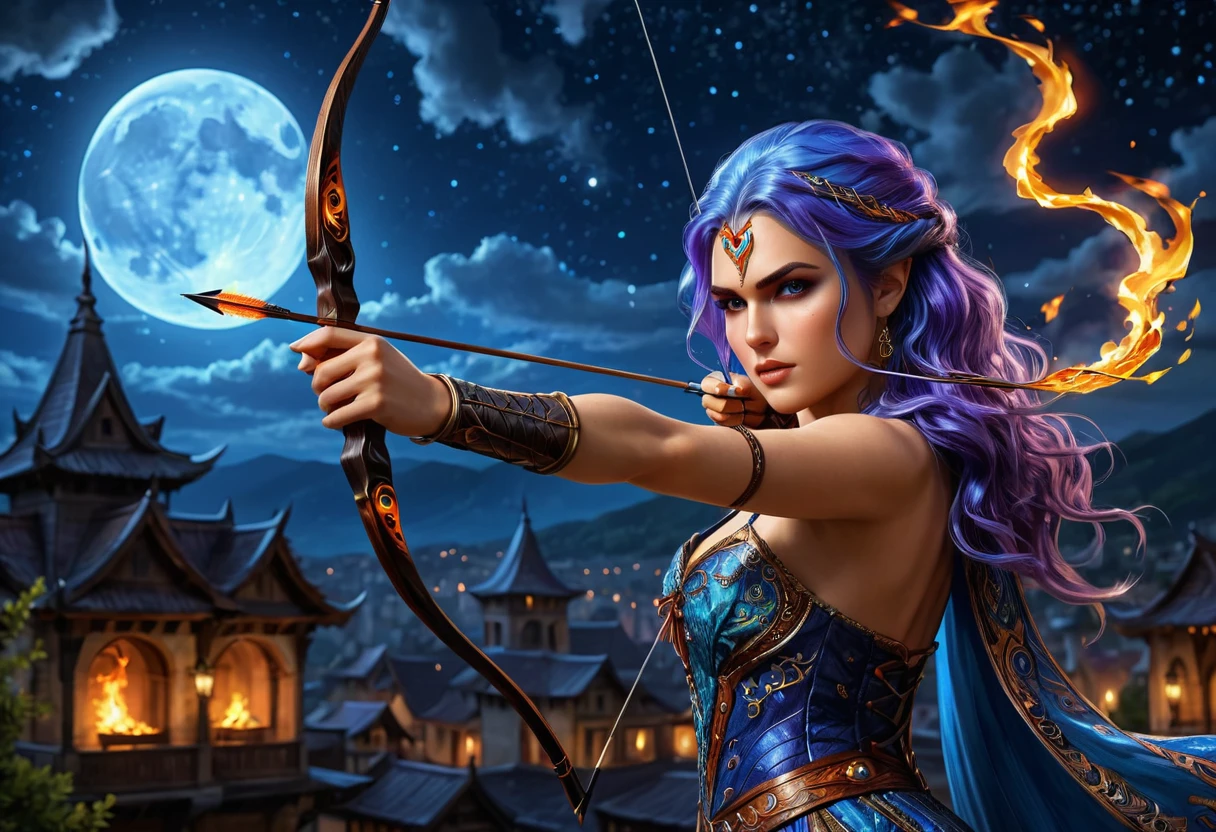 a picture of fire sorceress firing a flaming arrow from a magnificent epic bow, an (elite glamour beautiful: 1.2), fire sorceress, ultra detailed face,  perfect face, blue hair, long hair, wavy hair, wearing wild glamour dress, intricate dress, purple dress , with fire patterns on it, aiming an epic bow with a flaming arrow,  dynamic bow, sting drawn to the cheek , arrow ready to be shot, dynamic bow, sting drawn to the cheek , arrow ready to be shot, it is night, moon light, starry night, cloudy night,  high details, best quality, 16k, [ultra detailed], masterpiece, best quality, (extremely detailed), dynamic angle, full body shot, fantasy urban street at night bacground,  ,faize, firing and arrow, bow (weapon)
