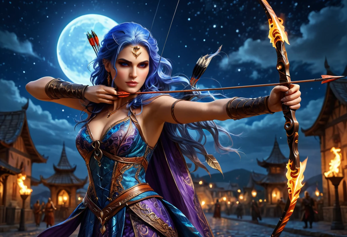 a picture of fire sorceress firing a flaming arrow from a magnificent epic bow, an (elite glamour beautiful: 1.2), fire sorceress, ultra detailed face,  perfect face, blue hair, long hair, wavy hair, wearing wild glamour dress, intricate dress, purple dress , with fire patterns on it, aiming an epic bow with a flaming arrow,  dynamic bow, sting drawn to the cheek , arrow ready to be shot, dynamic bow, sting drawn to the cheek , arrow ready to be shot, it is night, moon light, starry night, cloudy night,  high details, best quality, 16k, [ultra detailed], masterpiece, best quality, (extremely detailed), dynamic angle, full body shot, fantasy urban street at night bacground,  ,faize, firing and arrow, bow (weapon)
