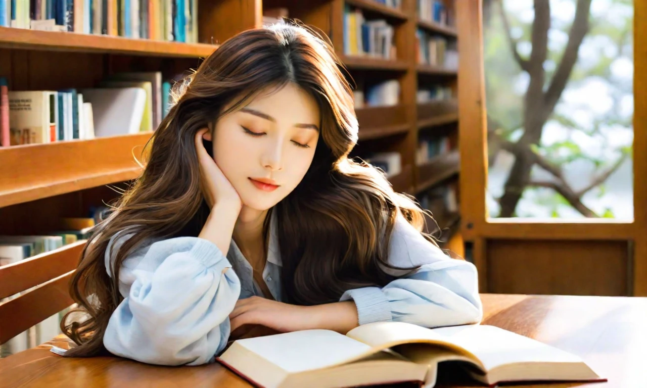 a beautiful asian girl, dozing, cozy library, seating, wooden desk, head resting, folded arms, atop an open book, long, brown, wavy hair cascades over shoulders, peaceful, relaxed face, serene expression, softly closed eyes, light, comfortable sleep. The library is warmly lit, soft, ambient lighting, tranquil, inviting atmosphere. Shelves filled with books line the background, nearby window, gentle stream, natural light. The desk is cluttered with various books, notebooks, and a pair of reading glasses. Her outfit is casual yet stylish, perfectly, masterpiece, best quality, 2K, realistic