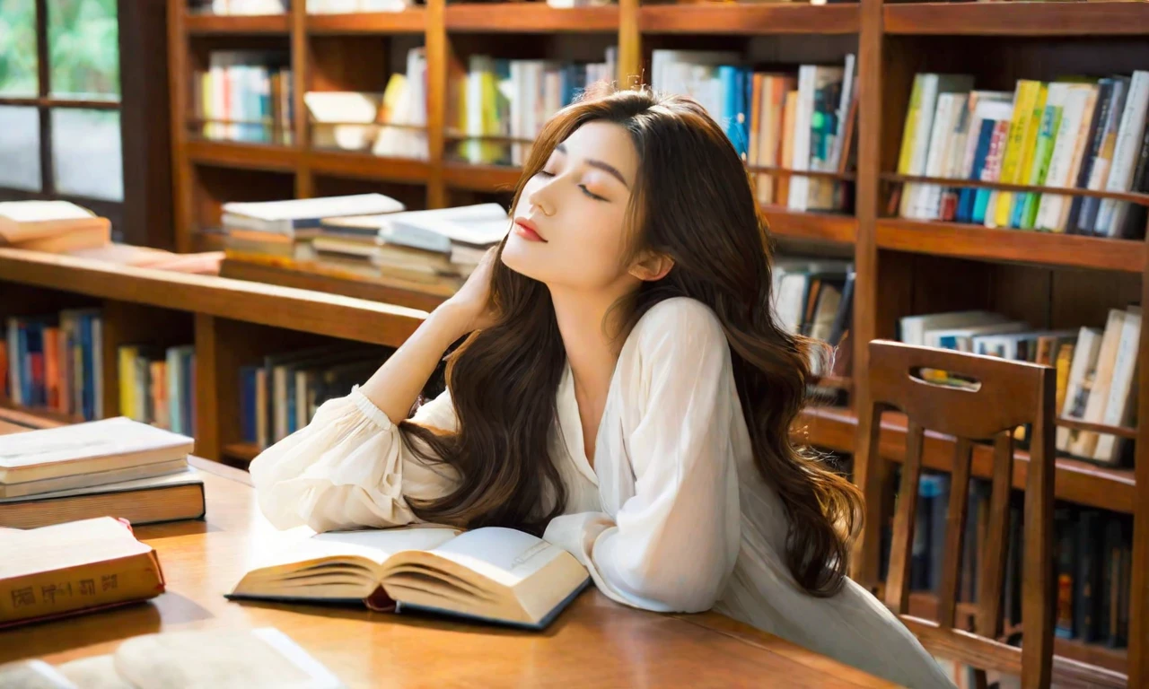 a beautiful asian girl, dozing, cozy library, seating, wooden desk, head resting, folded arms, atop an open book, long, brown, wavy hair cascades over shoulders, peaceful, relaxed face, serene expression, softly closed eyes, light, comfortable sleep. The library is warmly lit, soft, ambient lighting, tranquil, inviting atmosphere. Shelves filled with books line the background, nearby window, gentle stream, natural light. The desk is cluttered with various books, notebooks, and a pair of reading glasses. Her outfit is casual yet stylish, perfectly, masterpiece, best quality, 2K, realistic