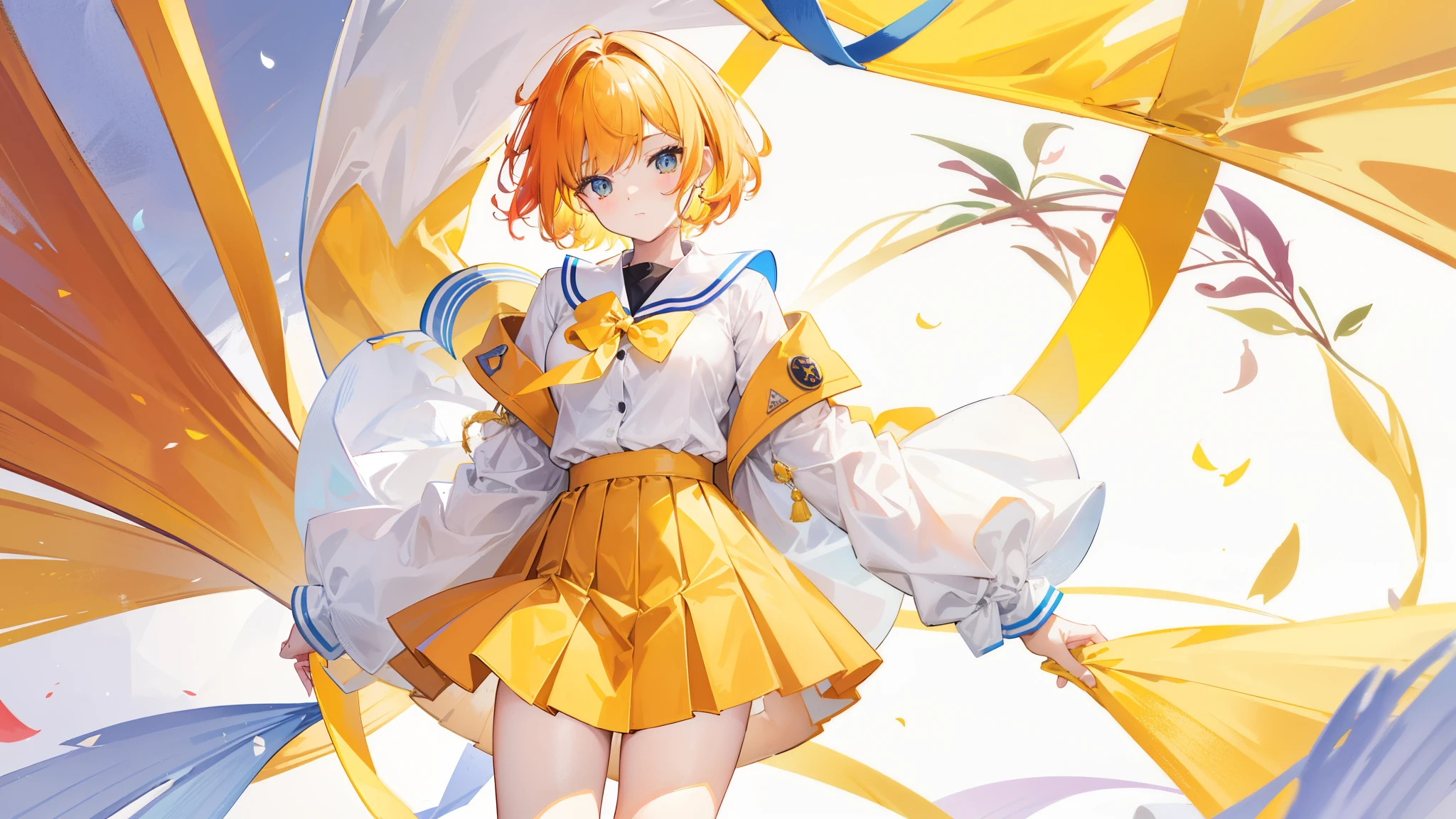 Colorful and colorful short hair,Wearing a yellow apricot colored JK uniform and a white pleated skirt,knee-length white silk,Dignified and cute,A little sweet,Five Fingers