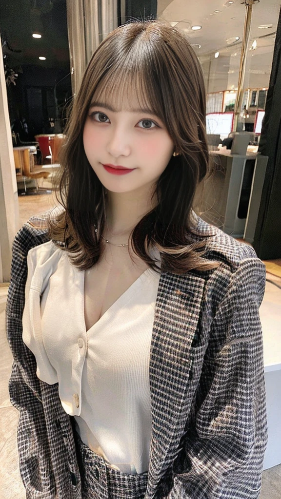 highest quality, shape, Very detailed, finely, High resolution, 8k wallpaper, Perfect dynamic shape, Beautiful and detailed, Summer clothes,Medium Hair,Natural color lip,smile,20-year-old girl、Midnight、Beautiful and elaborate face、Perfect and beautiful face、Slim face and figure,spread your arms wide,Big eyes,Take a photo with your face raised from below your knees、Small face、Beautifully detailed face、Perfect and beautiful double eyelids、Big cleavage、Long, slender legs、One Woman、gravure、Watching the audience、bedroom、full body、Looking into the distance、business suit、Office Casual、computer