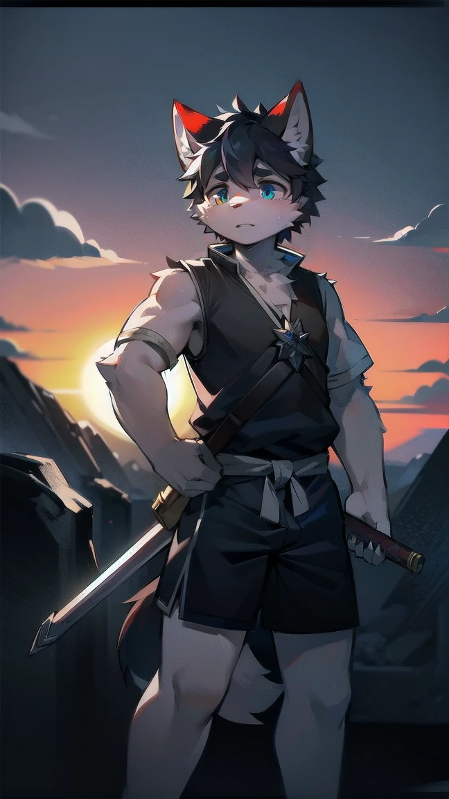 White Wolf，black hair，Sky blue eyes，hairy，Wolf ears，Wolf tail，Full body portrait，The character is in the center of the frame，Handsome，Confident eye***but，juvenile，Black and white combat uniform，Red neck bib，Black shorts，Short sleeve，hairy arms and legs，Dark background，Dark battlefield，dawn，sunrise，dawn，illumination，shadow，Swordsman，Scabbard and Hold the hilt of a in your hand，The scabbard is at the waist，Highest quality,A tall stature