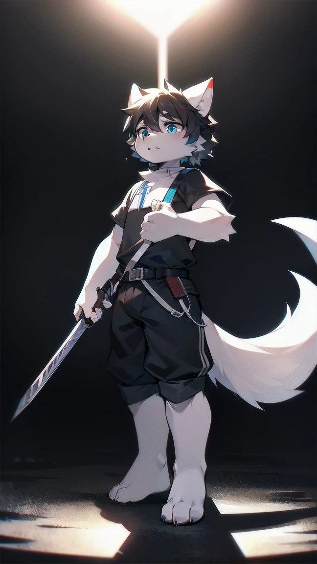 White Wolf，black hair，Sky blue eyes，hairy，Wolf ears，Wolf tail，Full body portrait，The character is in the center of the frame，Handsome，Confident eye***but，juvenile，Black and white combat uniform，Red neck bib，Black shorts，Short sleeve，hairy arms and legs，Dark background，Dark battlefield，dawn，sunrise，dawn，illumination，shadow，Swordsman，Scabbard and Hold the hilt of a in your hand，The scabbard is at the waist，Highest quality,A tall stature