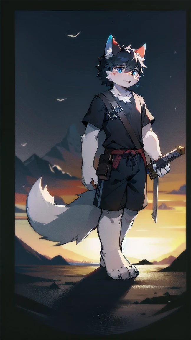 White Wolf,black hair,Sky blue eyes,hairy,Wolf ears,Wolf tail,Full body portrait,The character is in the center of the frame,Handsome,Confident eye***but,juvenile,Black and white combat uniform,Red neck bib,Black shorts,Short sleeve,hairy arms and legs,Dark background,Dark battlefield,dawn,sunrise,dawn,illumination,shadow,Swordsman,Scabbard and Hold the hilt of a in your hand,The scabbard is at the waist,Highest quality,A tall stature