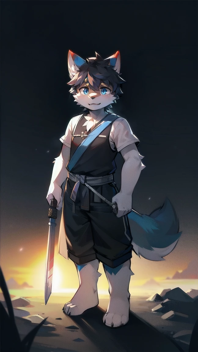 White Wolf,black hair,Sky blue eyes,hairy,Wolf ears,Wolf tail,Full body portrait,The character is in the center of the frame,Handsome,Confident eye***but,juvenile,Black and white combat uniform,Red neck bib,Black shorts,Short sleeve,hairy arms and legs,Dark background,Dark battlefield,dawn,sunrise,dawn,illumination,shadow,Swordsman,Scabbard and Hold the hilt of a in your hand,The scabbard is at the waist,Highest quality,A tall stature