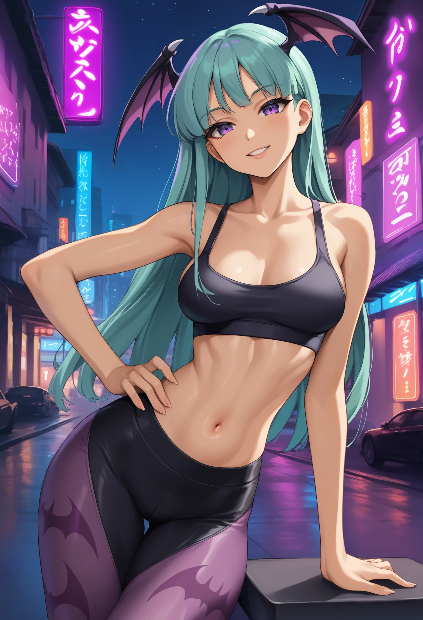 score_9, score_6_up, source_anime, rooftops, night city, neon lights, slim body, Slender legs, slim hourglass figure body type, average breasts size, ((purple_multicolor_hair)), purple_eyes, [[[Morrigan_Aensland]]], black sports bra, black yoga pants, seductive smile, looking at viewer