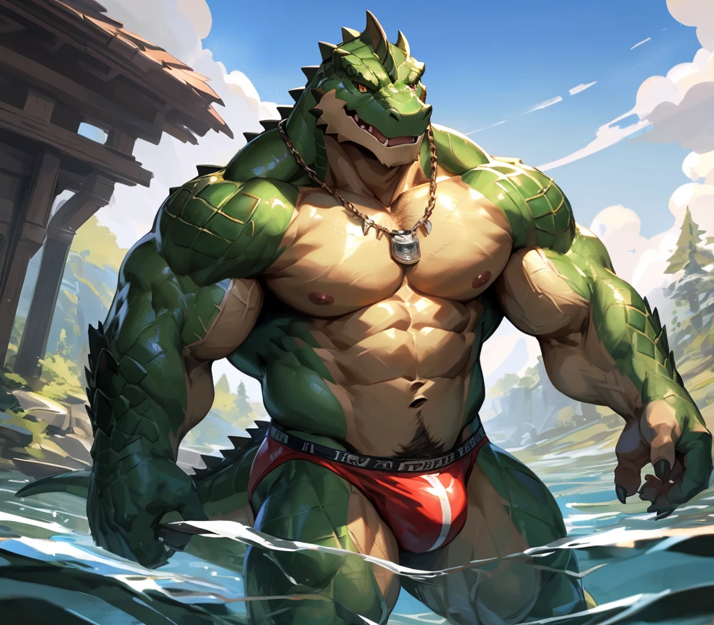 ((best quality)), ((masterpiece)), (ultra detailed),perfect face,antro aligator:2.5, male, ((green crocodile skin)), aligator look, (strong beefy muscular body), (yellowish belly),(abs, strongmuscles, 8 pack), furry, handsome,Beautiful and delicate eyes, (ultra detailed eyes, (green):0.1 eyes, sharp eyes), detailed scene,full body, shirtless, topless, pink nipples, (by null-ghost,by traver009,by lindong,by pino daeni), (full body), wearing random pattern necklace, claws, (scales), majestic, upper body naked, big fellow, muscular male, (wearing yellow speedo), big fellow, huge body, handsome, majestic, barbarous, hairy, male, inside the lake, swimming, anime, full body view