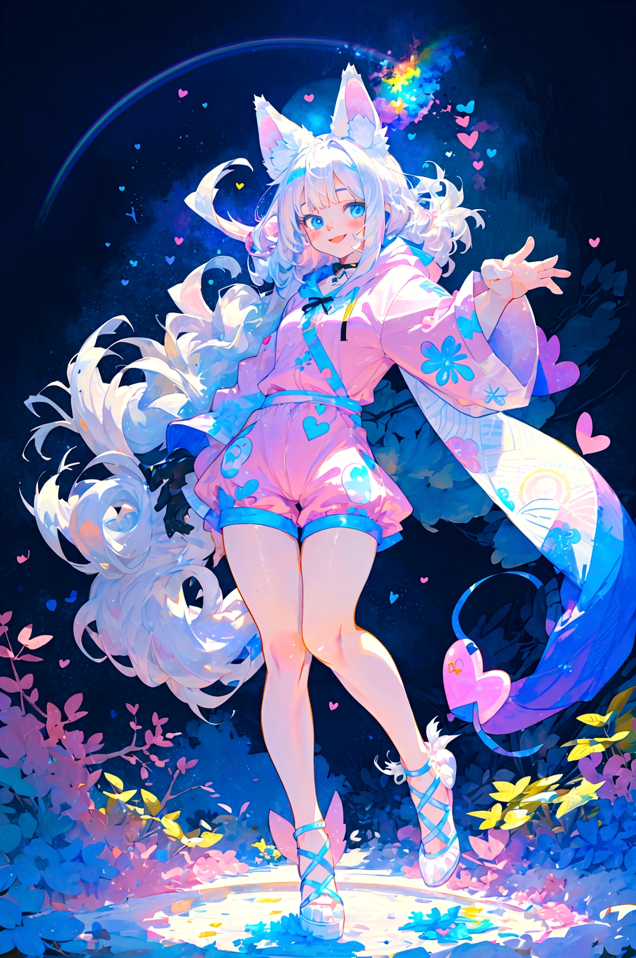 Cute adult man with wolf ears, Long white hair, Long Hair, Has a wolf&#39;s tail, Thick thighs, Wide Hips, short, wearing pink romper with a hood and pink shorts, There&#39;s a heart in my chest, The hood has rabbit ears, Very slim, Show off your slim belly, Fluffy thighs, Has bright blue eyes. alone, alone (alone)(alone), Surrounded by rainbows, Colorful galaxy background, smile, On top of a pile of fluffy stuffed toys, Plush toys are everywhere, Cute stuffed animal, surrounded by bubbles, Surrounded by rainbow leaves, Get up and dance, Thick thighs, stretch