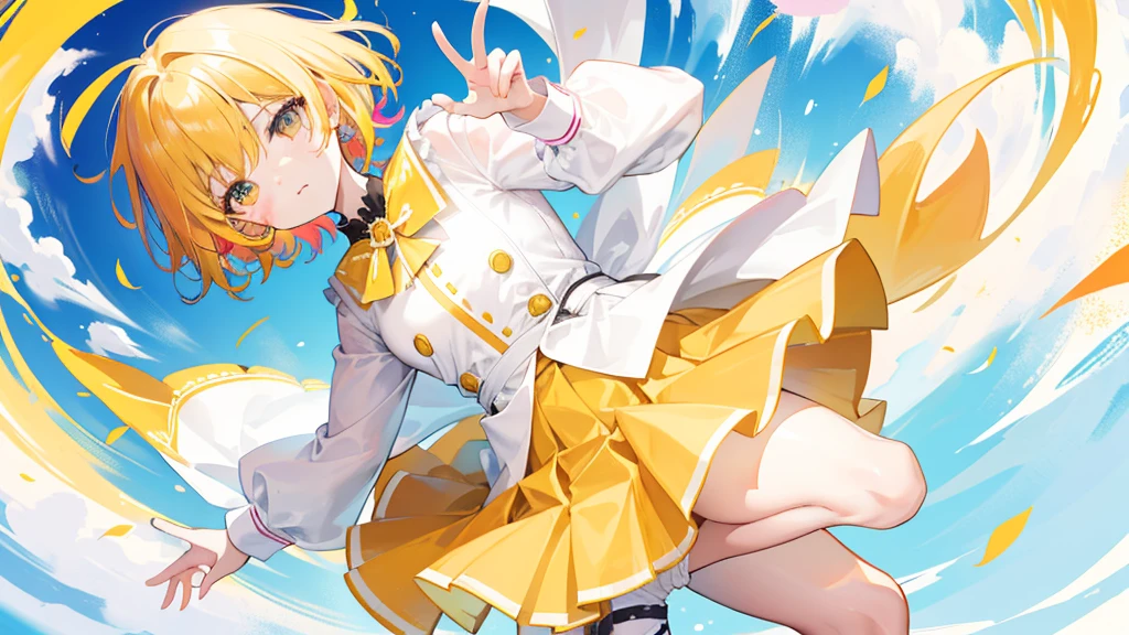 Colorful and colorful short hair,Wearing a yellow apricot colored JK uniform and a white pleated skirt,knee-length white silk,Dignified and cute,A little sweet,Five Fingers,Firm fingers,A strong hand