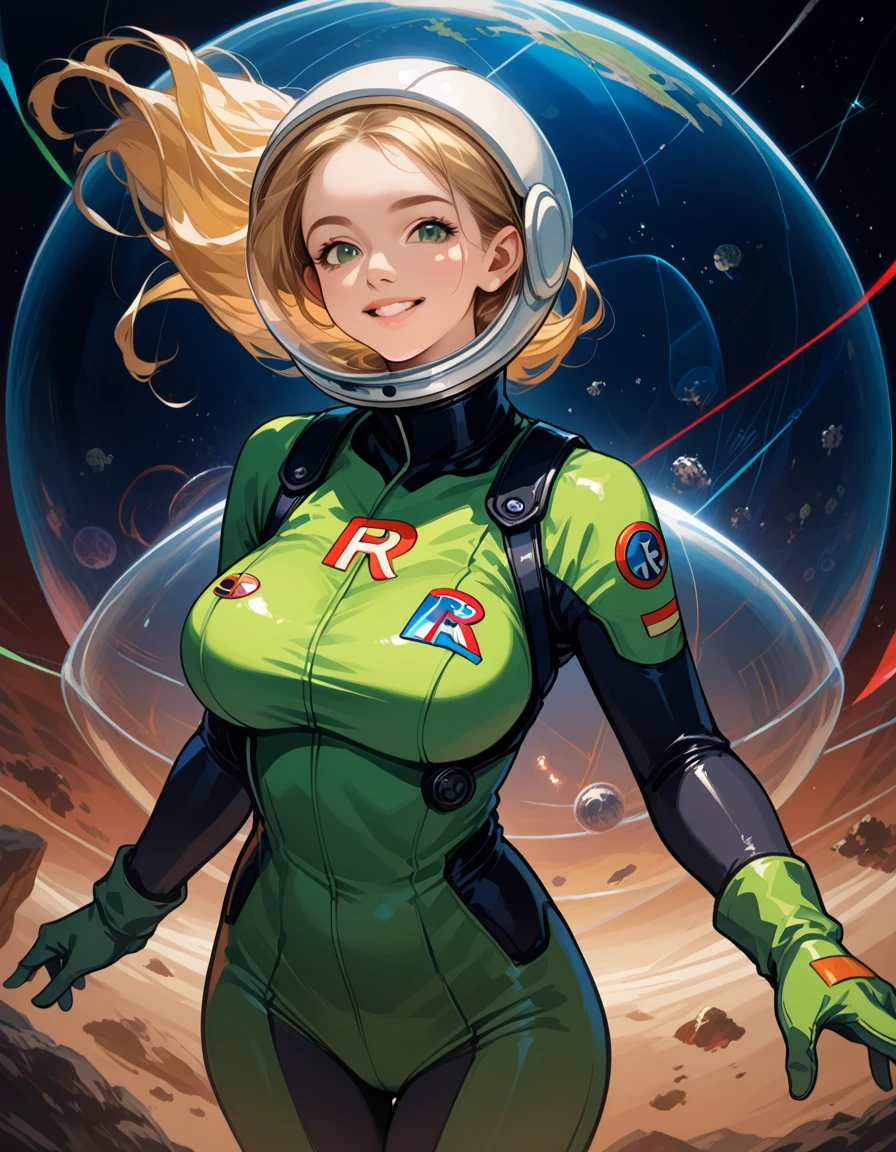 ((masterpiece, highest quality, Highest image quality, High resolution, photorealistic, Raw photo, 8K)), ((Extremely detailed CG unified 8k wallpaper)), Buzz Lightyear has a perfect body, Super thin face and eyes, Short blonde, Green gloves, Spacesuits of the future, Tight space suit white and green, Big breasts and chest, Big glass helmet, Rocket emblem on arm, A confident smile, whole body , Stretch your legs, Big Ass, Interstellar space background,