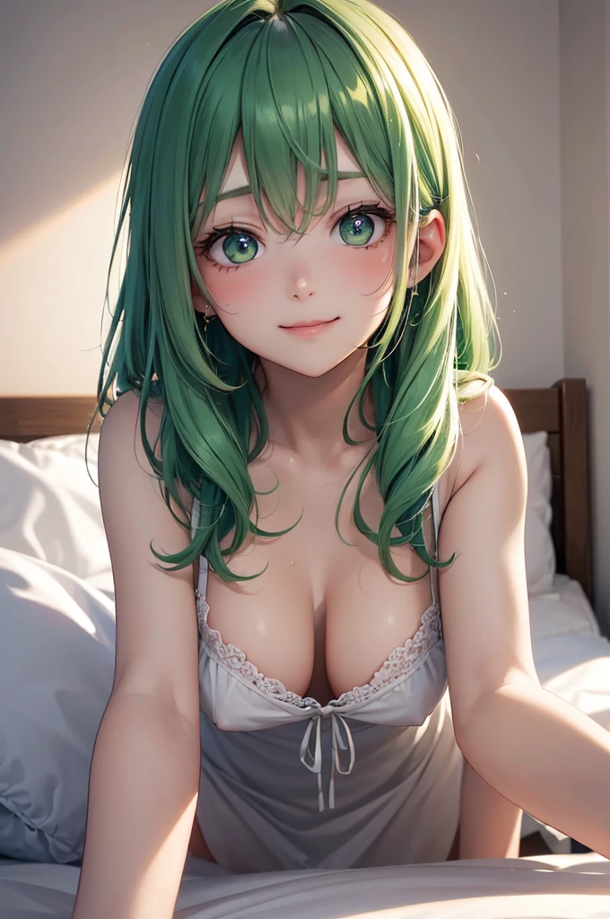 (Best Quality,High resolution,8K,finelity detailed background,Masterpiece:1.2),beautiful girl,Shiny green hair,messy hair,Green Eyes,Gentle look,A refreshing look,Best quality,Best Quality,Aesthetic and aesthetic:1.2,Best details((Super detailed))(High-definition CG illustrations),cuteパジャマ,Slender body,night,Moonlight,Bedroom,On the bed,smile,blush,cute,Scrounge,Looking up,Being spoiled,super model,wariza,shoot from below