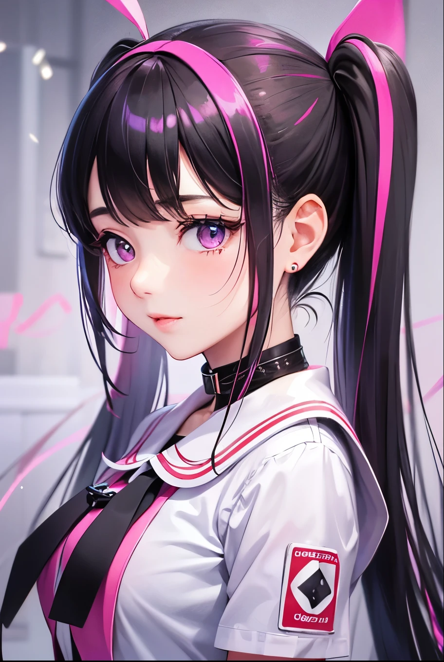 masterpiece, best quality, highly detailed, high resolution, expensive resolution, high resolution, 4k, 8k, uniform 8k wallpaper, highly detailed CG, masterpiece, 2d, 3d, beautiful details, depth, fine texture, best quality: 1.3, perfectly focused, sharp. skin, him, very cute anime girl, her name is Mei, short pigtails, idol, in the rain, expensive pink short pigtails, mole under eye, looking at the viewer, expensive, blush, mole, open lips, pink eyes, heart shaped choker, smiling face