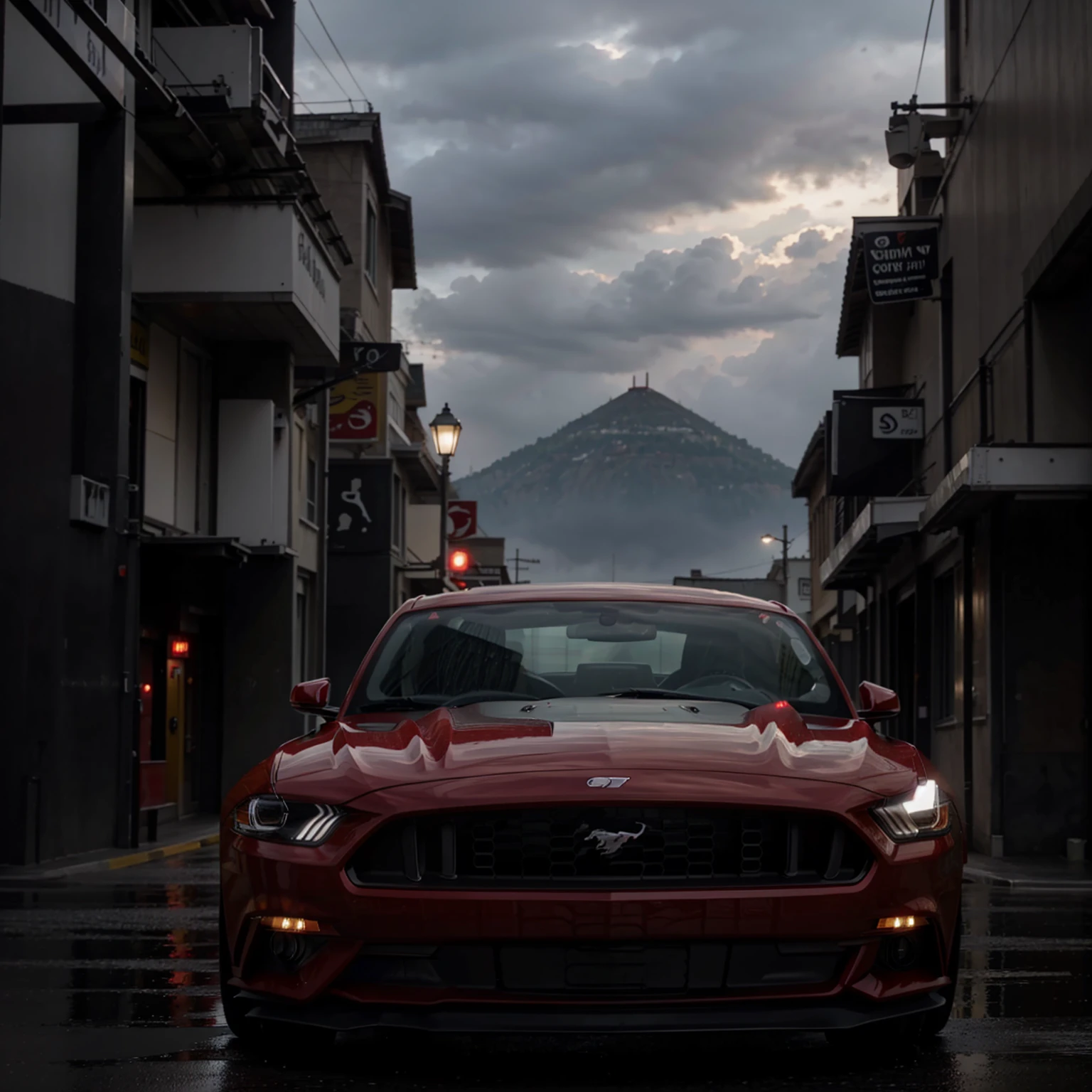 Black Mustang GTD with blood red details facing the camera with a rainy street behind 