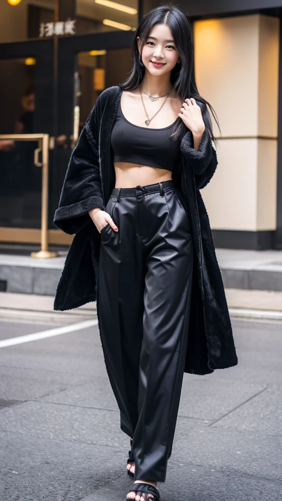 Beautiful Japanese girl wearing a black robe jacket wearing a black shirt and black trousers wearing sandals and a black chopper necklace, showing off her slim stomach, black hair, photo in the city (masterpiece) 8k