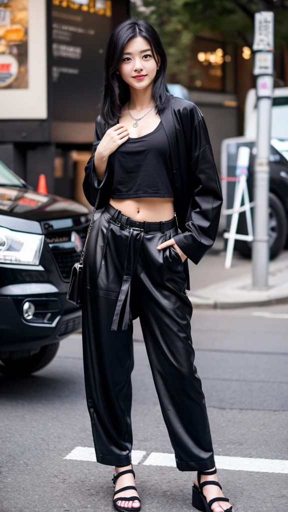 Beautiful Japanese girl wearing a black robe jacket wearing a black shirt and black trousers wearing sandals and a black chopper necklace, showing off her slim stomach, black hair, photo in the city (masterpiece) 8k