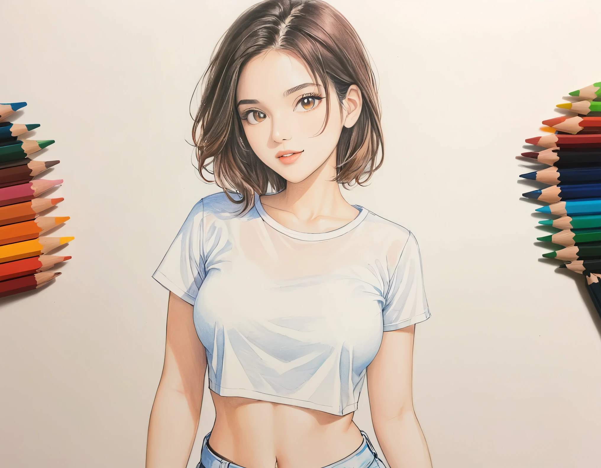 female,crop shirt,white,Art,draft drawing,colour pencil drawing,scan drawing