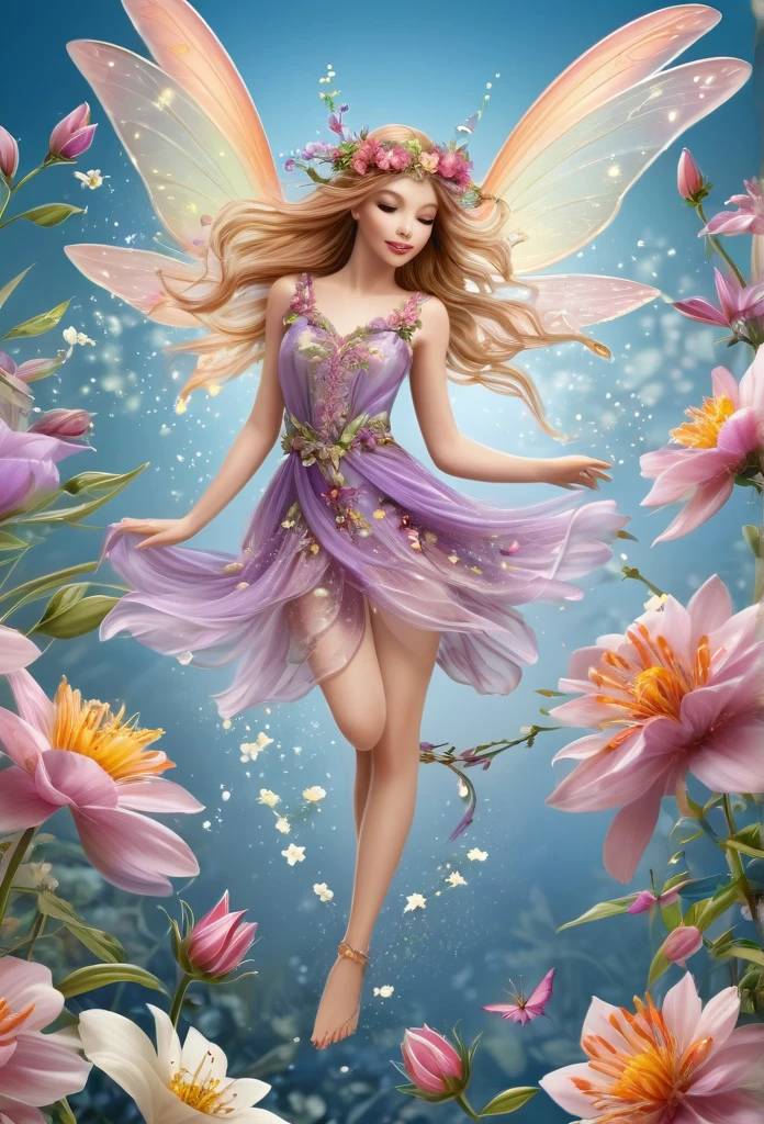  Fairy beautifully flying over beautiful flowers,((high quality))delicate details