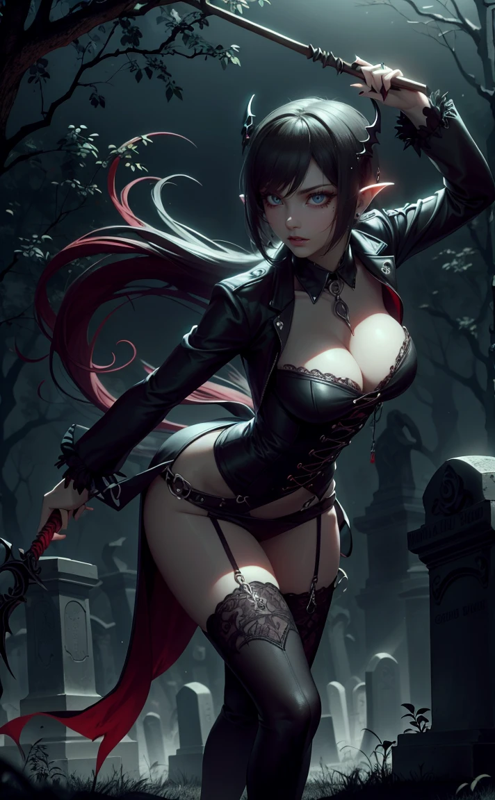 Gothic vampire girl, black gothic clothes, sexy in the cemetery, she is holding a spear, fully body, movement pose