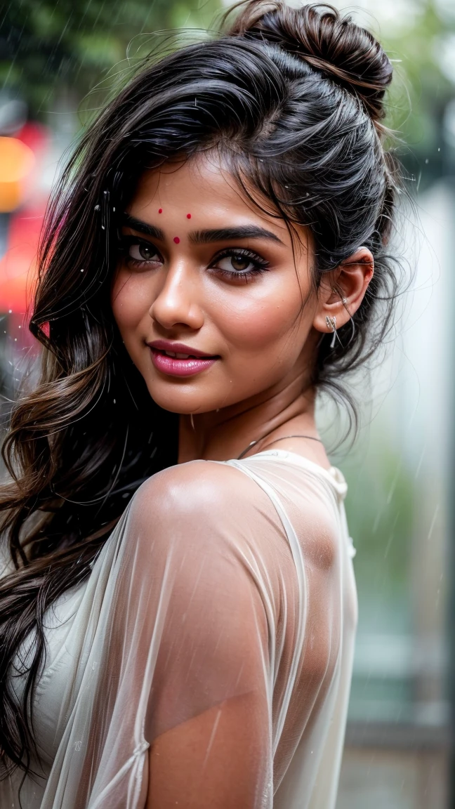 A masterpiece! A stunning Indian girl, her disheveled hair a testament to the torrential rain that surrounds her. Beautiful, detailed eyes sparkle with joy as she gazes directly at the viewer, her long locks tied back in a neat bun. She wears a casual t-shirt, slightly transparent from the wetness, and her medium-round breasts are subtly visible beneath. In a side pose, she revels in the heavy rain shower, her big cheeks flushed with happiness. The street background is a blurred Bokeh, while raindrops glisten on her skin, capturing the essence of a carefree rainy day.rain drops,paid girl , heavy rain, slightly show half nipple , very sexy (conveying love to boy friend) flowers on head 