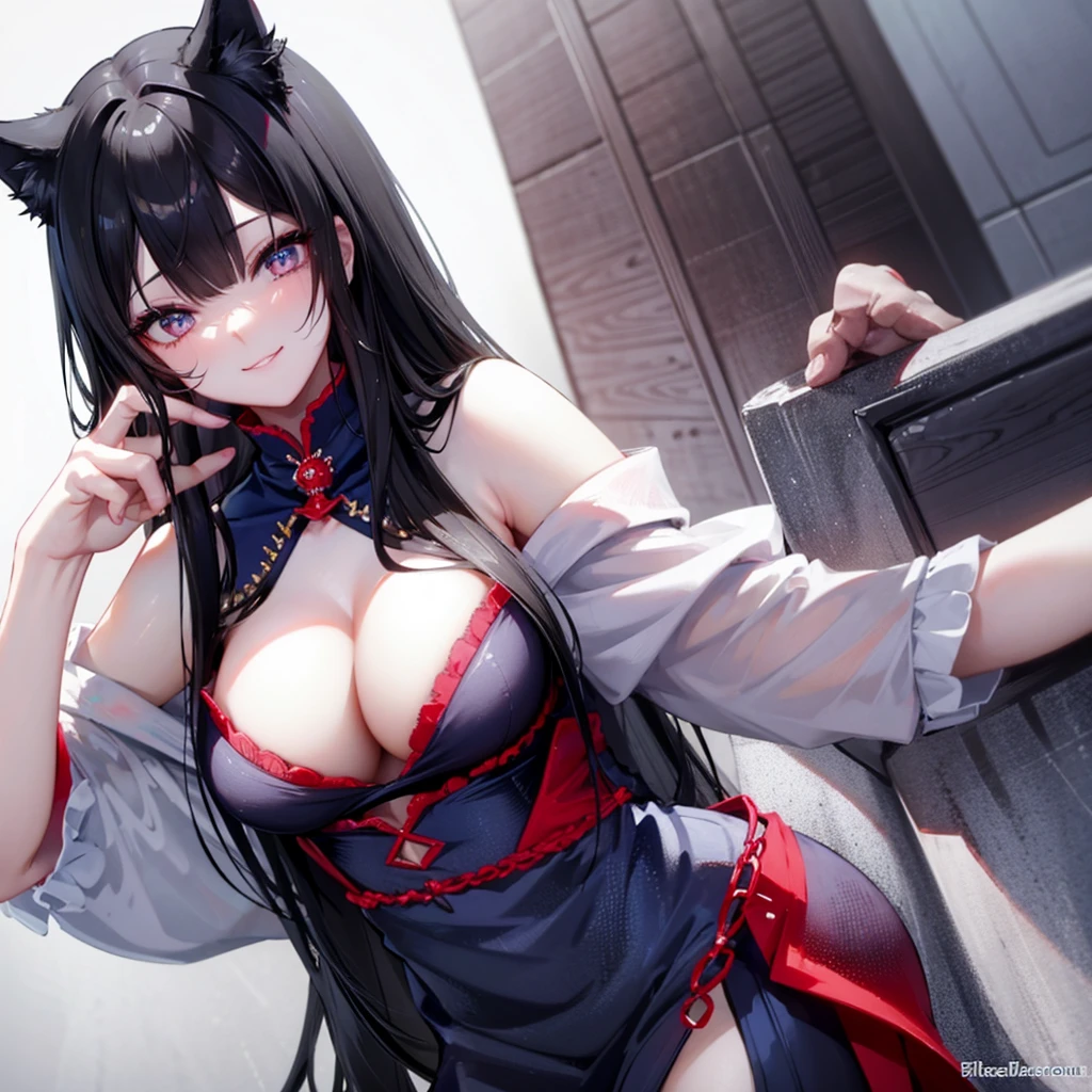 Black hair wolf ears。Blue Silk Dress。Red Glasses。Blue pupil。Smiling, looking up, blushing beautiful girl。Peeping Pose。cleavage close-up