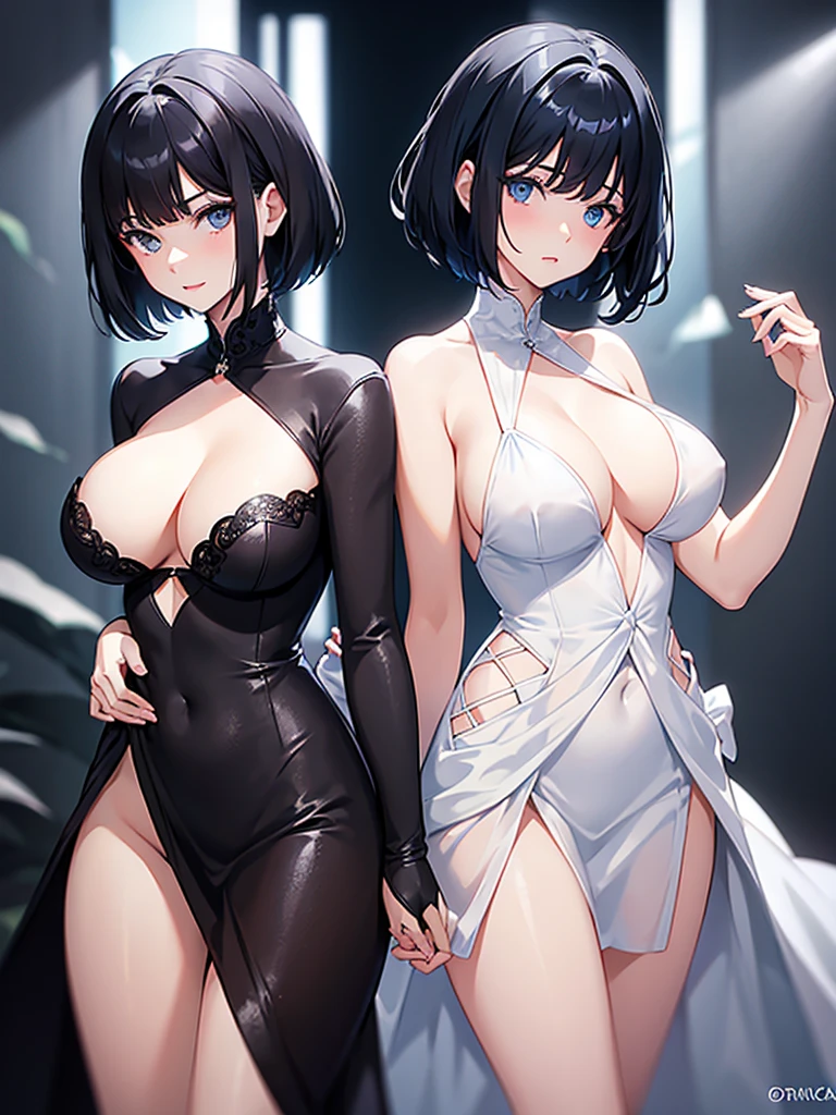 Caucasian female, short hair with bangs, her hair is black, Your eyes are blue, is wearing a short white dress, with cleavage on the breast, the dress is half transparent