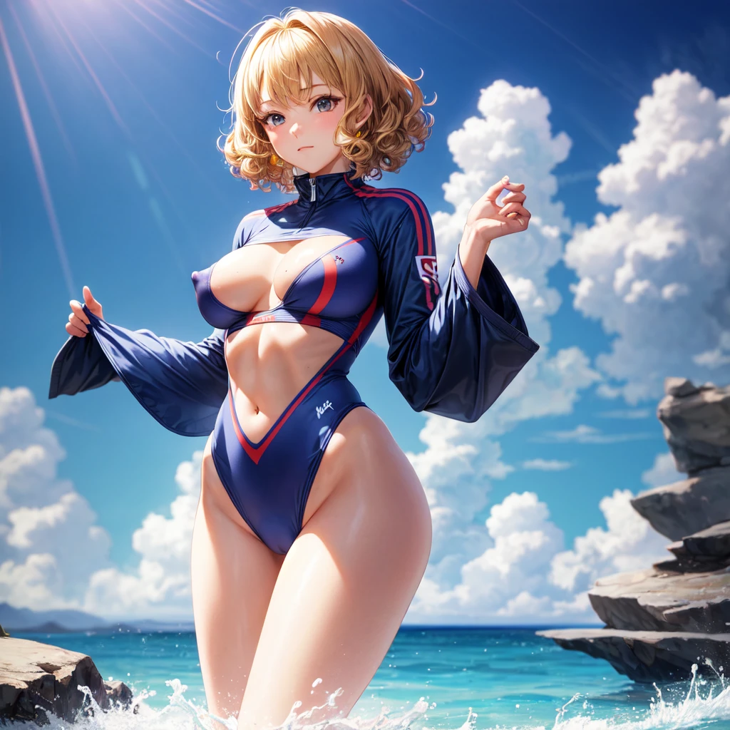 ((Best quality)), ((masterpiece)), (detailed),sports uniforms, athletic body, wide hips, long legs, Large legs, Medium breasts, waist, short hair, curly hair, blonde hair,Beautiful face, bathing suit, Closed suit, wide hips, nipples