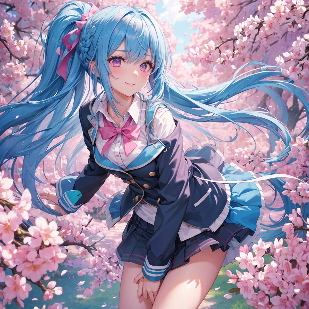 Sky blue hair, (Braided Ponytail),(Pink Eyes),Fair skin ,whole body,(1 Girl),Smile,spring, cherry blossoms, Knee-high socks for school, blazer, Straight bangs,(masterpiece, Highest quality, Super detailed, Best Shadow), (Detailed Background), (Beautifully detailed face), High Contrast, (Best lighting, Very delicate and beautiful), ((Cinematic Light)), colorful, Hyper Detail, Dramatic Light, Intricate details,sunshine,Leaning forward,