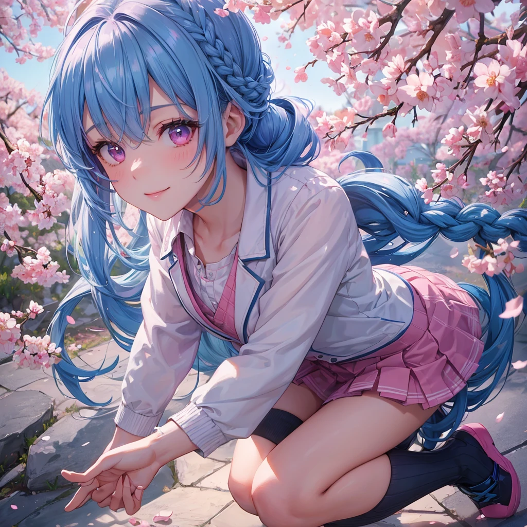 Sky blue hair, (Braided Ponytail),(Pink Eyes),Fair skin ,whole body,(1 Girl),Smile,spring, cherry blossoms, Knee-high socks for school, blazer, Straight bangs,(masterpiece, Highest quality, Super detailed, Best Shadow), (Detailed Background), (Beautifully detailed face), High Contrast, (Best lighting, Very delicate and beautiful), ((Cinematic Light)), colorful, Hyper Detail, Dramatic Light, Intricate details,sunshine,Leaning forward,