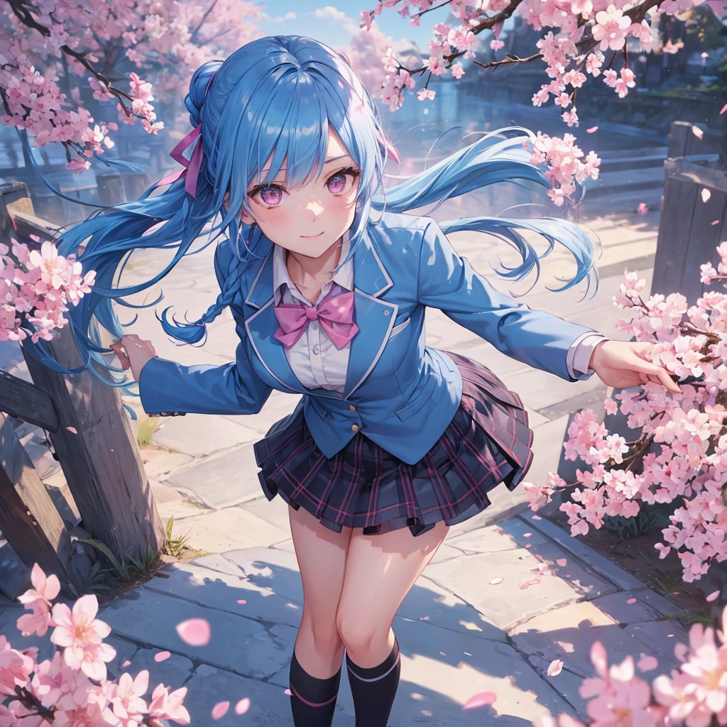 Sky blue hair, (Braided Ponytail),(Pink Eyes),Fair skin ,whole body,(1 Girl),Smile,spring, cherry blossoms, Knee-high socks for school, blazer, Straight bangs,(masterpiece, Highest quality, Super detailed, Best Shadow), (Detailed Background), (Beautifully detailed face), High Contrast, (Best lighting, Very delicate and beautiful), ((Cinematic Light)), colorful, Hyper Detail, Dramatic Light, Intricate details,sunshine,Leaning forward,