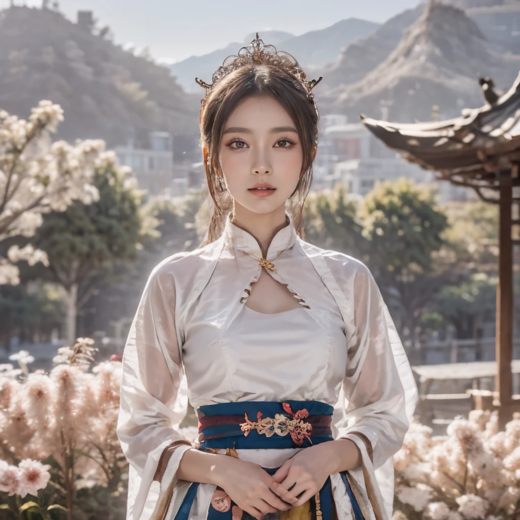 Blue sky and white clouds，Mountains in the distance、tower and many people，Pink flowers，Cherry tree，Hanfu woman,Phoenix crown tiara、Fine embroidery、穿Hanfu裤袜、Hanfu、穿长袖Hanfu、The legs are transparent and clearly visible、Look and、Exposed oversized breasts、Raw,(8K、Top quality、masterpiece:1.8)、(Intricate details:1.8)、(Reality:1.8)、Octane Rendering、Complex 3D rendering with ultra-details, Studio soft light, Side light, Vivid details, Super Detail, Realistic skin texture, Details, beautiful eyes, Highly detailed CG Unity 16k wallpaper, cosmetic, (Detailed background:2.0), Clear your fingers，Beautiful fingers，Radiant skin、Spread your legs，Camel toe showing thigh!!!、