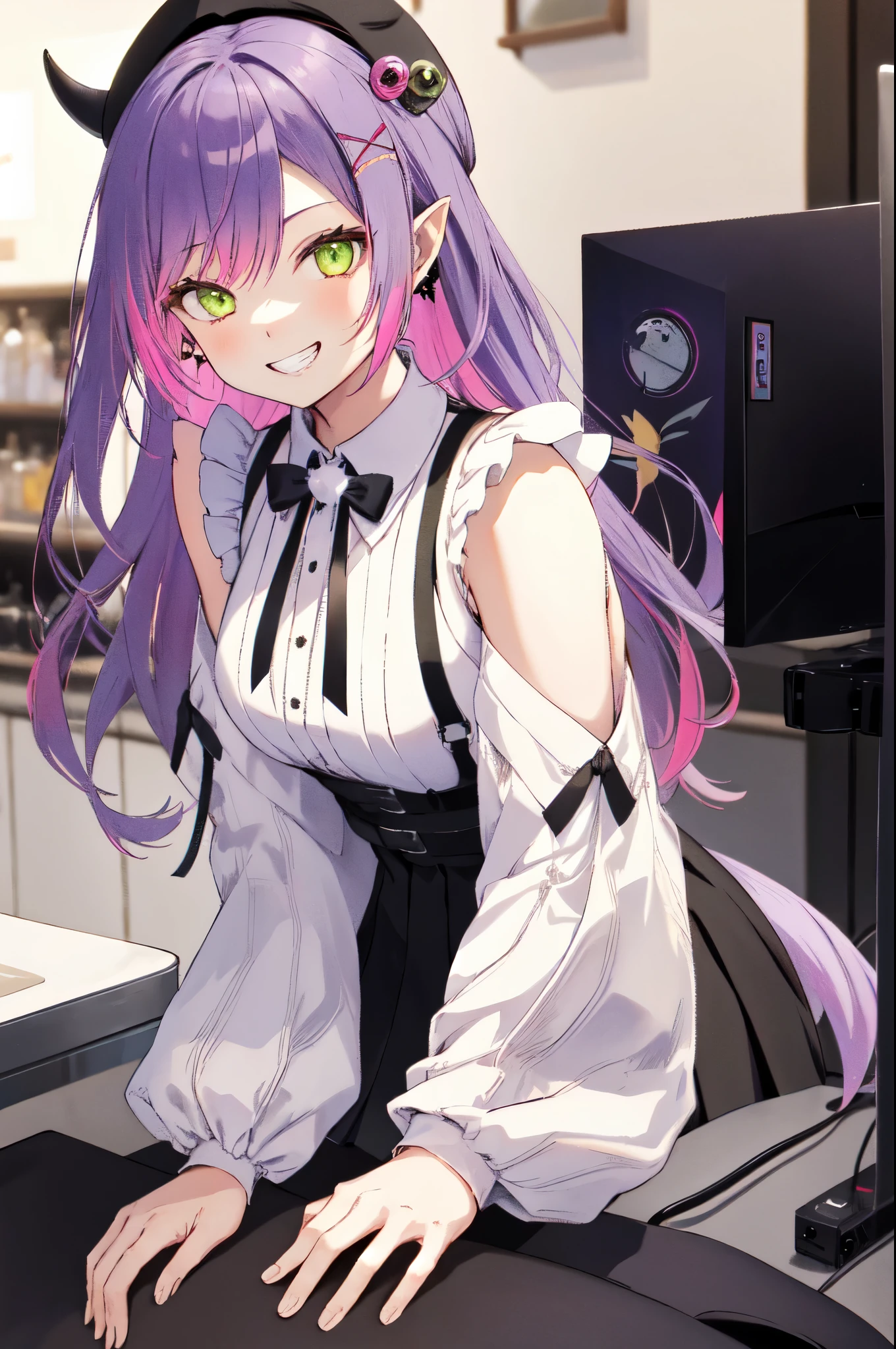 1girl, solo, towa_2, green eyes, multicolored hair, purple hair, pink hair, medium hair, single hair bun, black headwear, tail, demon tail, piercing, white shirt, black skirt, bare shoulder, X hair ornament, pleated skirt, high-waist skirt, frilled shirt, streaked hair, suspender skirt, horns, leg tattoo, cowboy shot, indoor, cafe, sitting, pointy ears, black bowtie, frilled sleeves, smile, grin, sleeveless