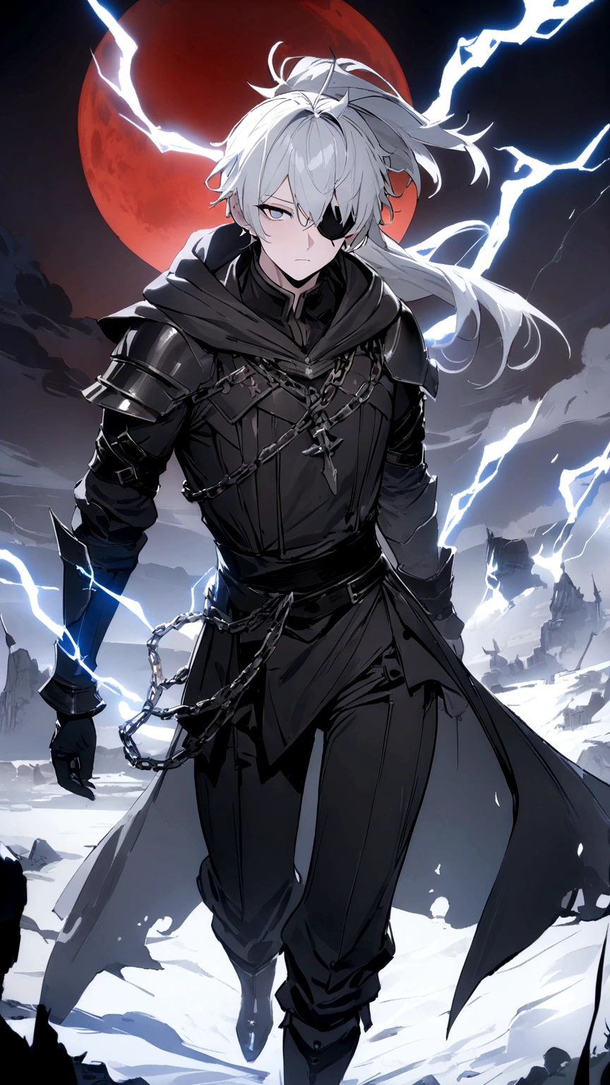 Anime character. A man, he was medieval. 27 years old, large body, cold gaze, cold expression, white skin, short and messy gray hair, ponytail, left eye patch, black clothes, black shirt, dark cape with hood, several chains. frontal camera. Walking under the red moonlight. White electricity emanating from his body, black electricity emanating from his left hand. Iris of the right eye glowing white. Thunderous white lightning. (best quality, 4k, 8k, high resolution, masterpiece: 1.2)